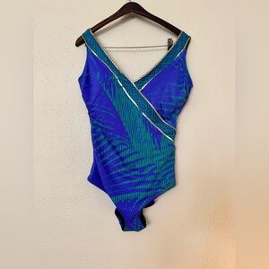 Gottex | One Piece Blue Green Gold Padded Tropical Swimsuit - Size 16